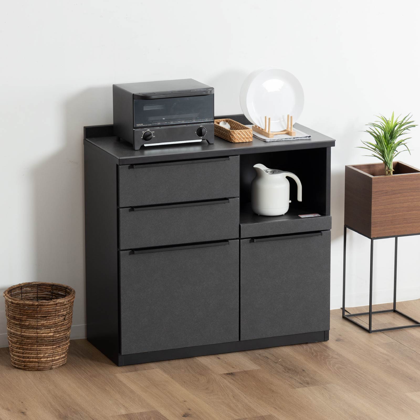 幅90］セラミック キッチンカウンター｜収納 耐熱性 コンセント付き