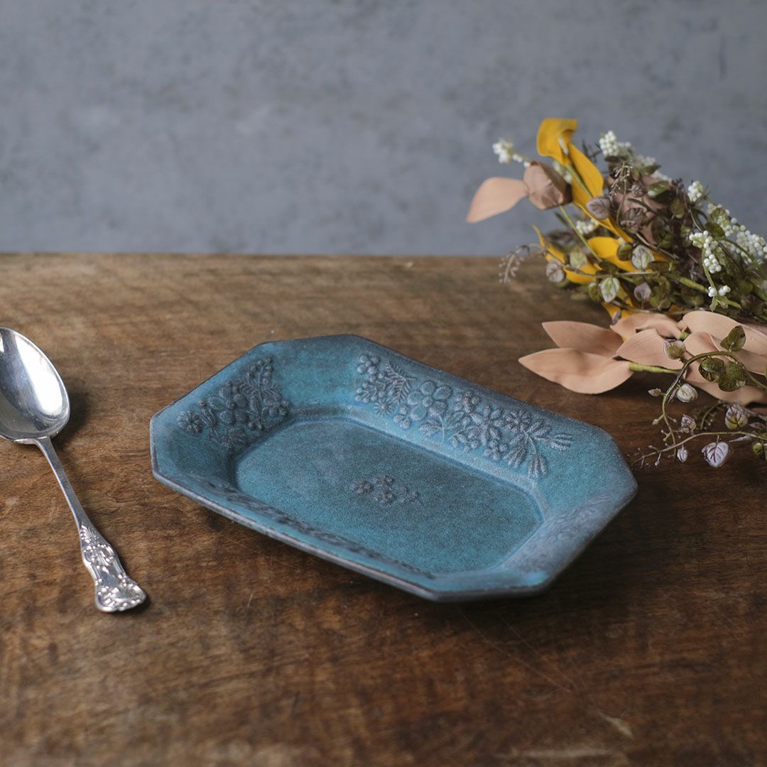 益子焼 kukka(クッカ) 八角皿 中 22cm ターコイズブルー色 わかさま