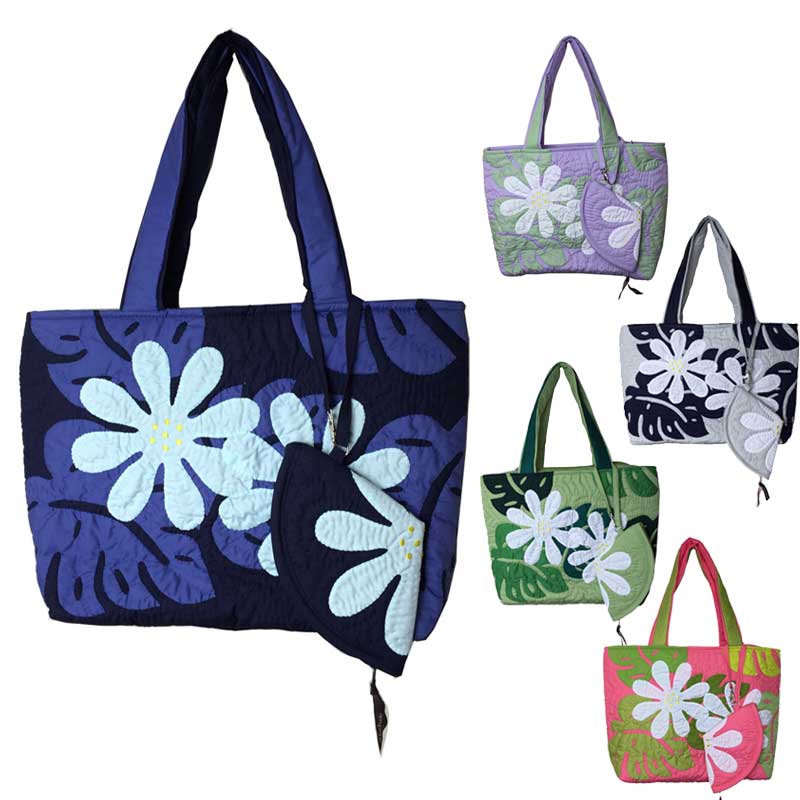 ハワイアンキルト バッグ モンステラ×ティアレ柄 ポーチ付き大