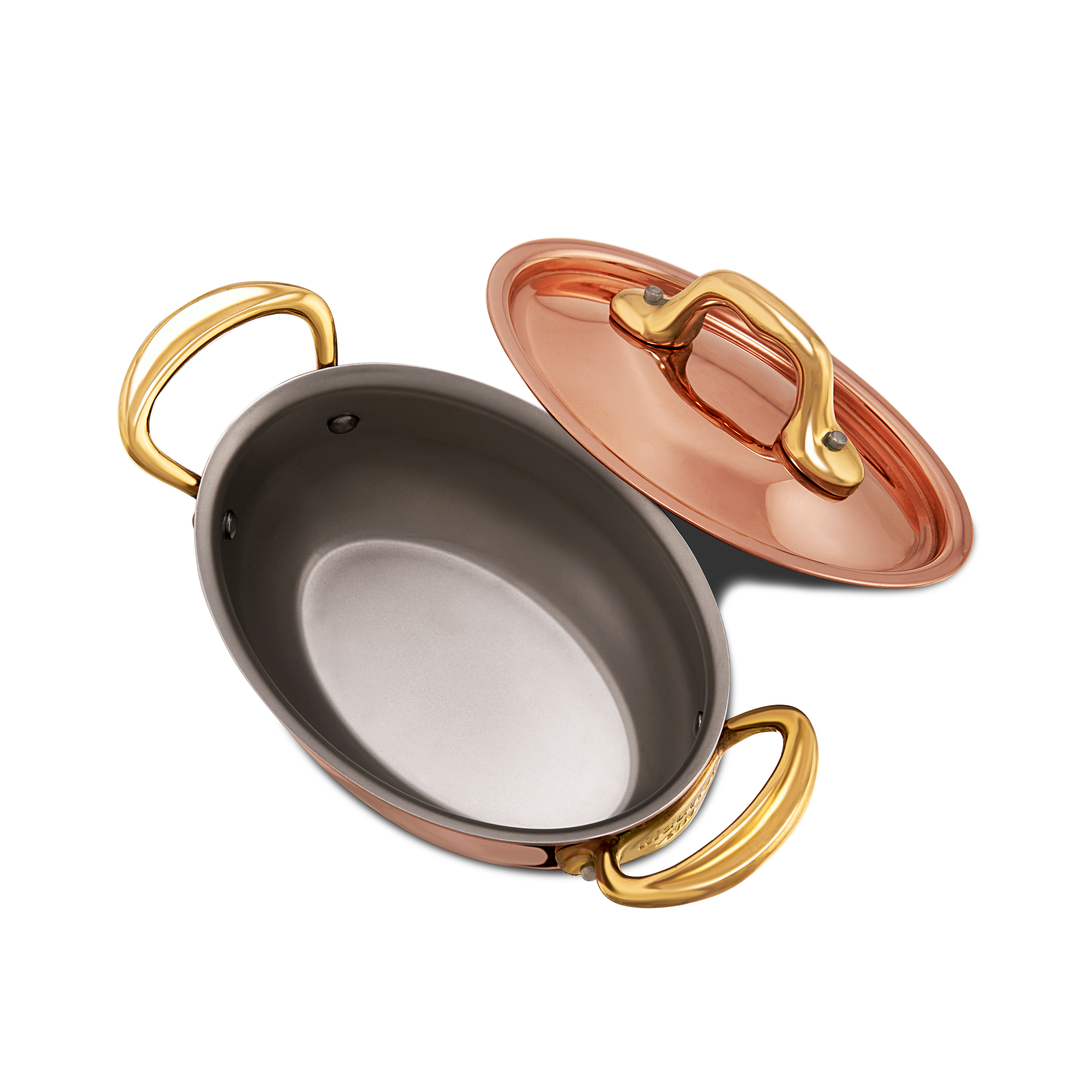 Mauviel M'MINIS Copper Oval Stew Pan With Lid, Brass Handles, 0.42