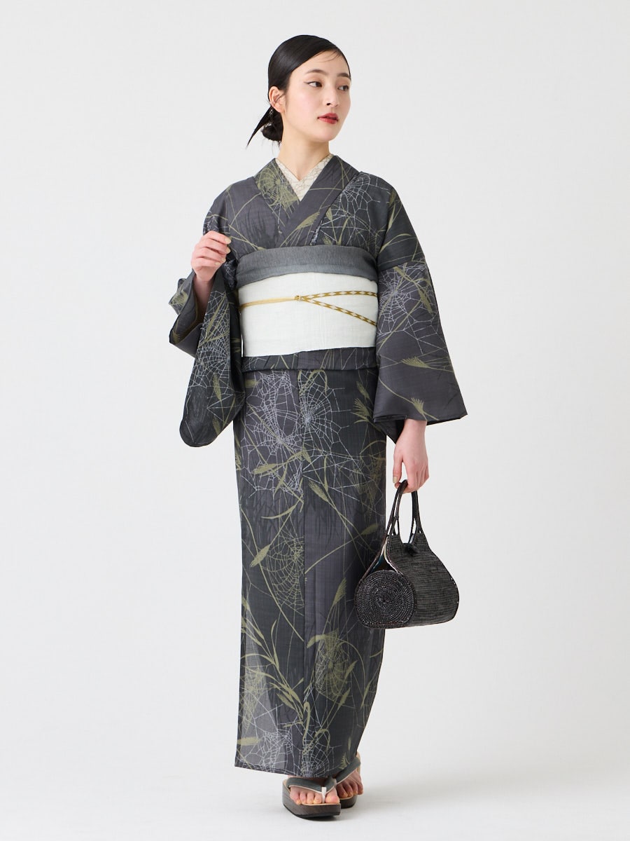 浴衣単品「 ススキと蜘蛛の巣 」(FREE ダークグレー): ふりふ ｜ミマツ