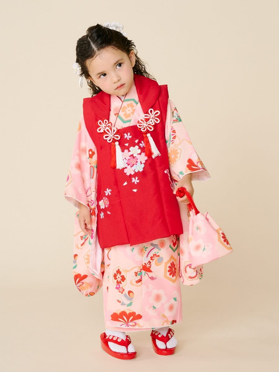 ラスト1点】【 七五三 3才 被布セット 】 梅と小槌(FREE ピンク