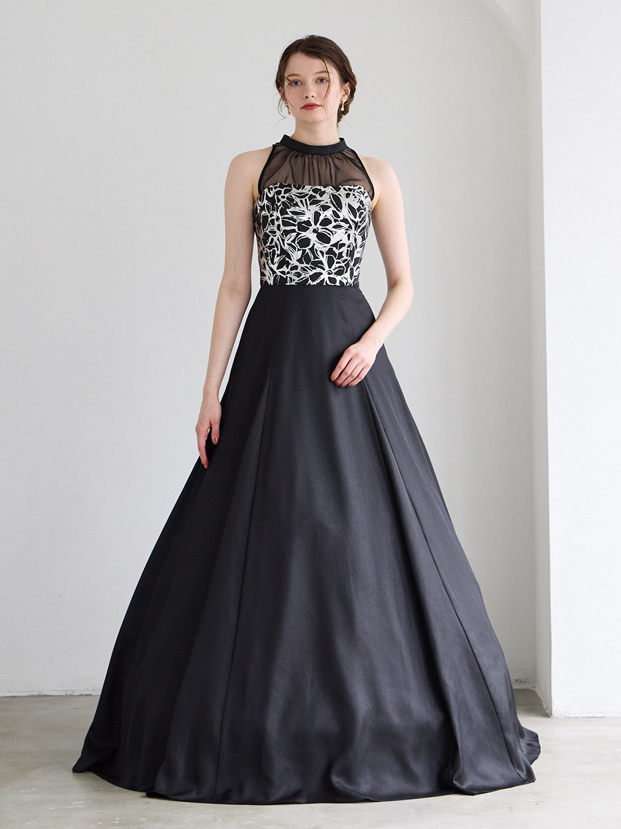 Brillante/ジョーゼット×箔加工Aライン2WAYロングドレス(M ブラック