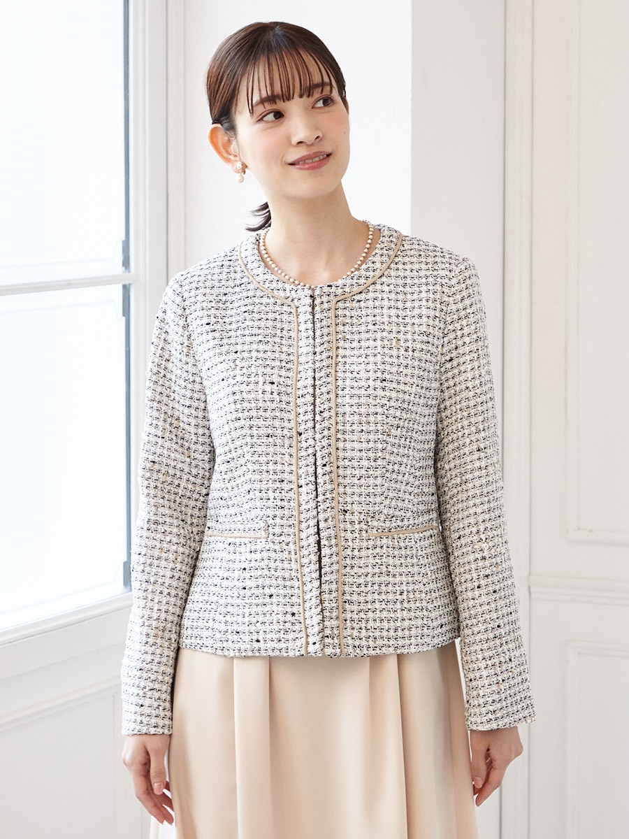 2点セット】ミックスツイードジャケット＋8分袖ワンピース(M ベージュ