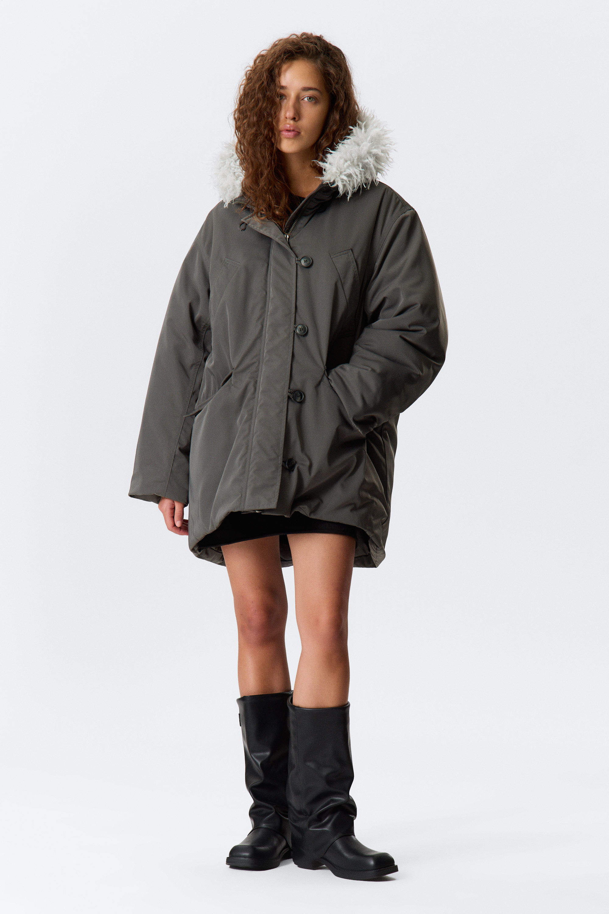 padded bomber parka with faux fur trim - Dark Grey | Weekday WW