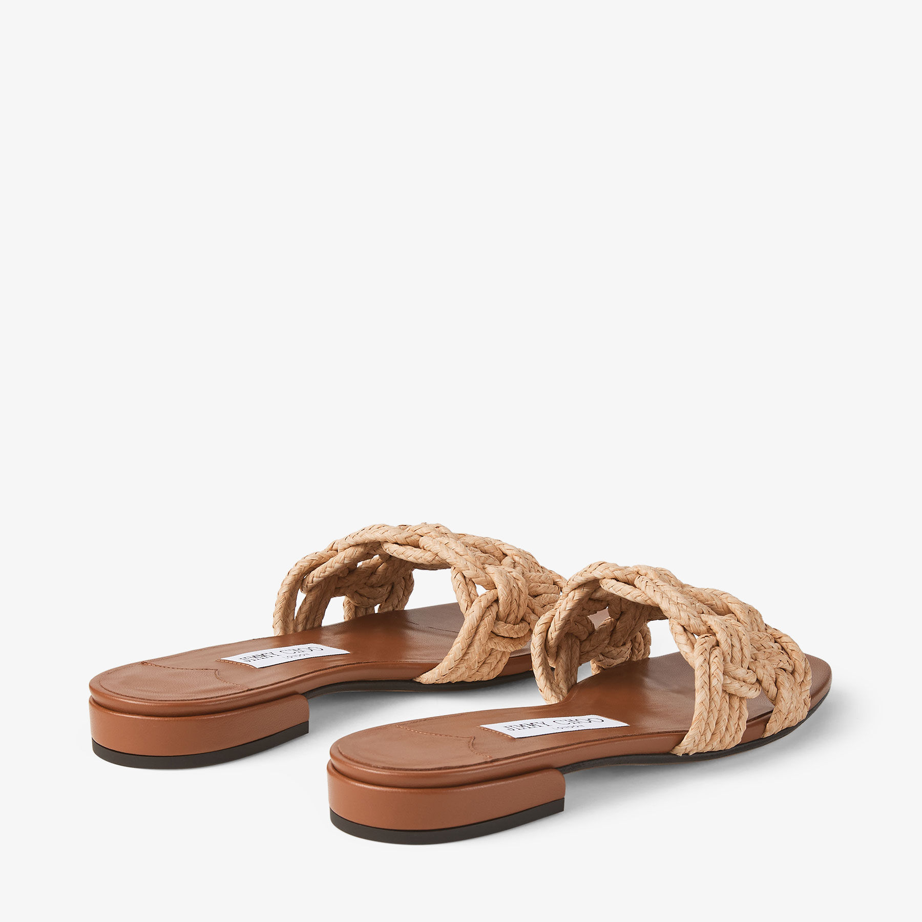 Chara Flat |Tan Leather and Crochet Raffia Slide | JIMMY CHOO