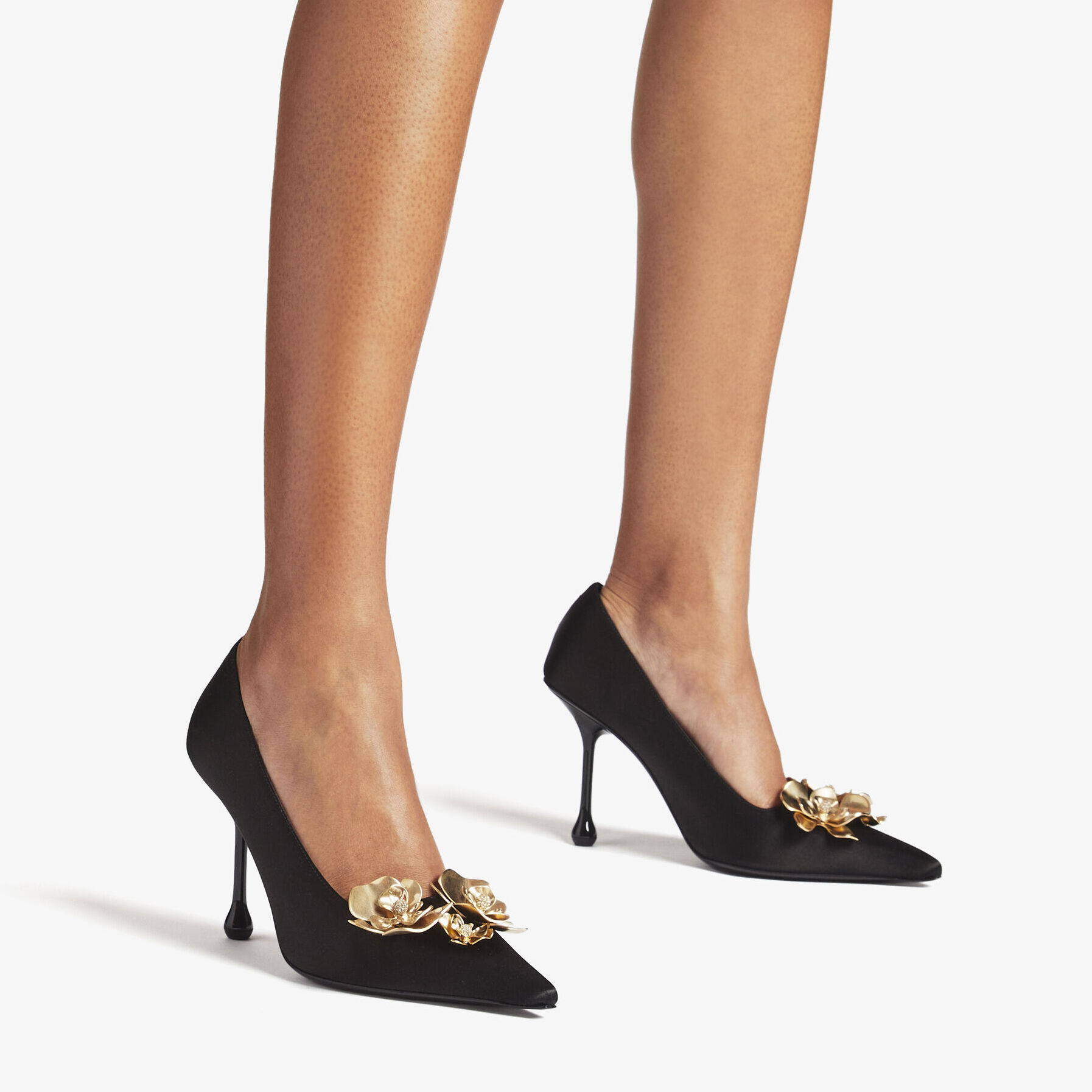 IXIA 95 | Black Satin Pumps with Flowers | New Collection | JIMMY CHOO