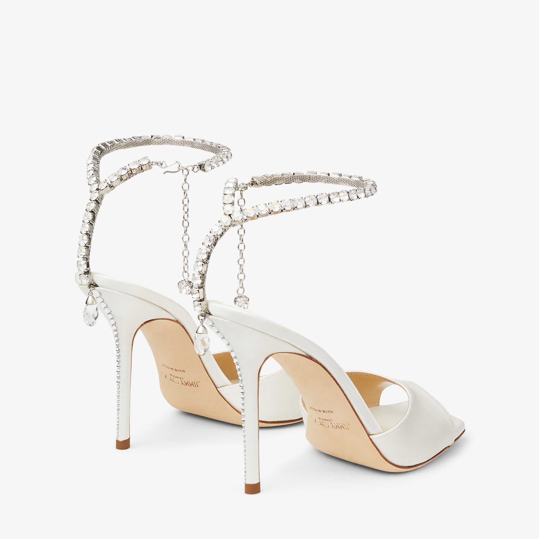 Saeda Sandal 100 | Ivory Satin Sandals with Crystal Embellishment