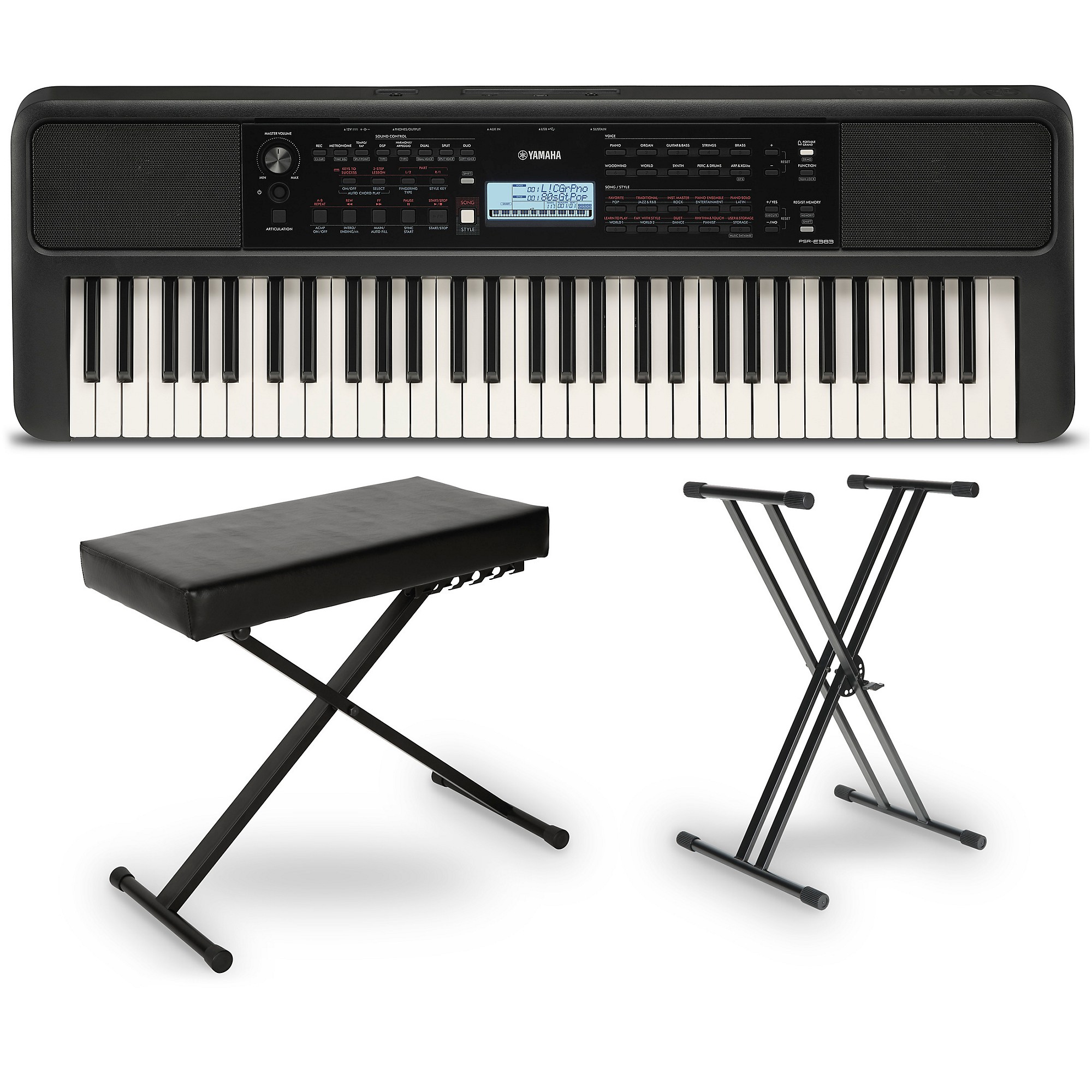 Yamaha PSRE383 61-Key Portable Keyboard Essentials Bundle | Music