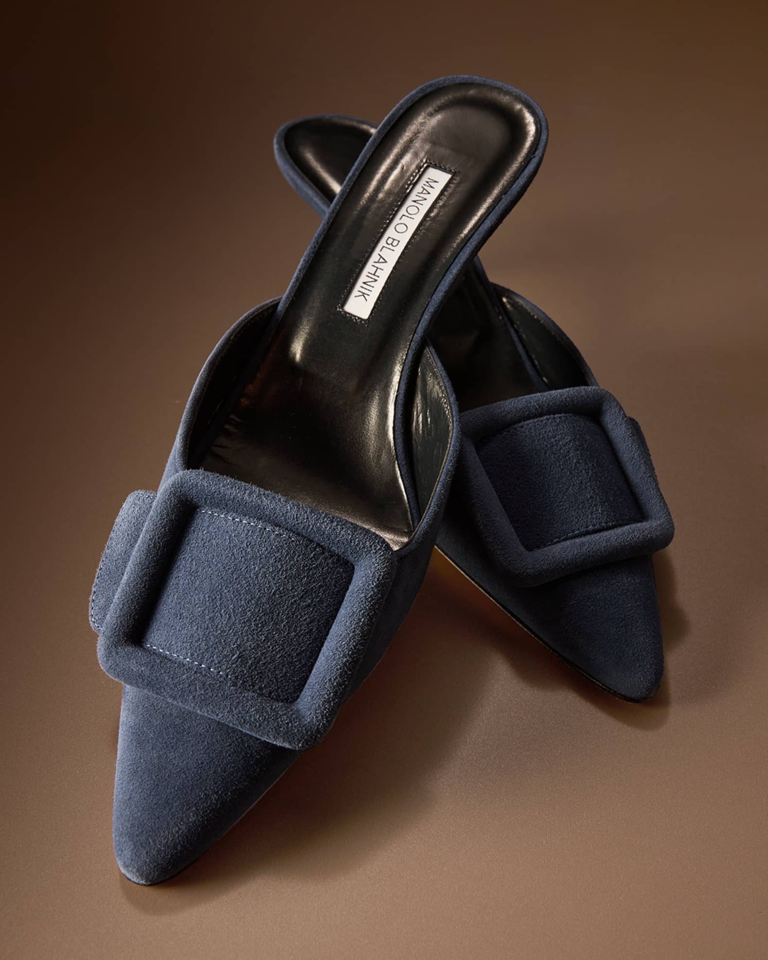 Manolo Blahnik Maysale Suede Buckle Mules | Neiman Marcus