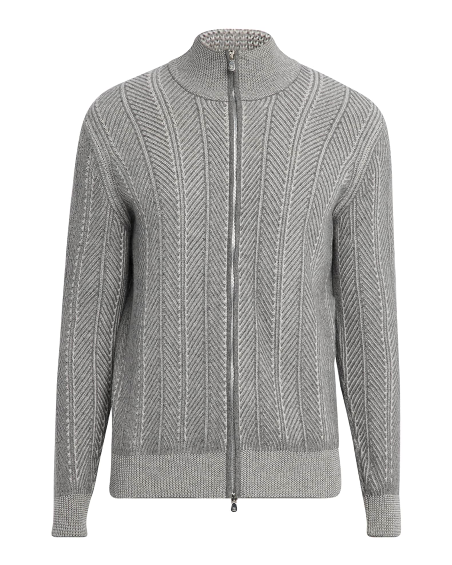 Brunello Cucinelli Men's Cashmere Chevron Full-Zip Sweater