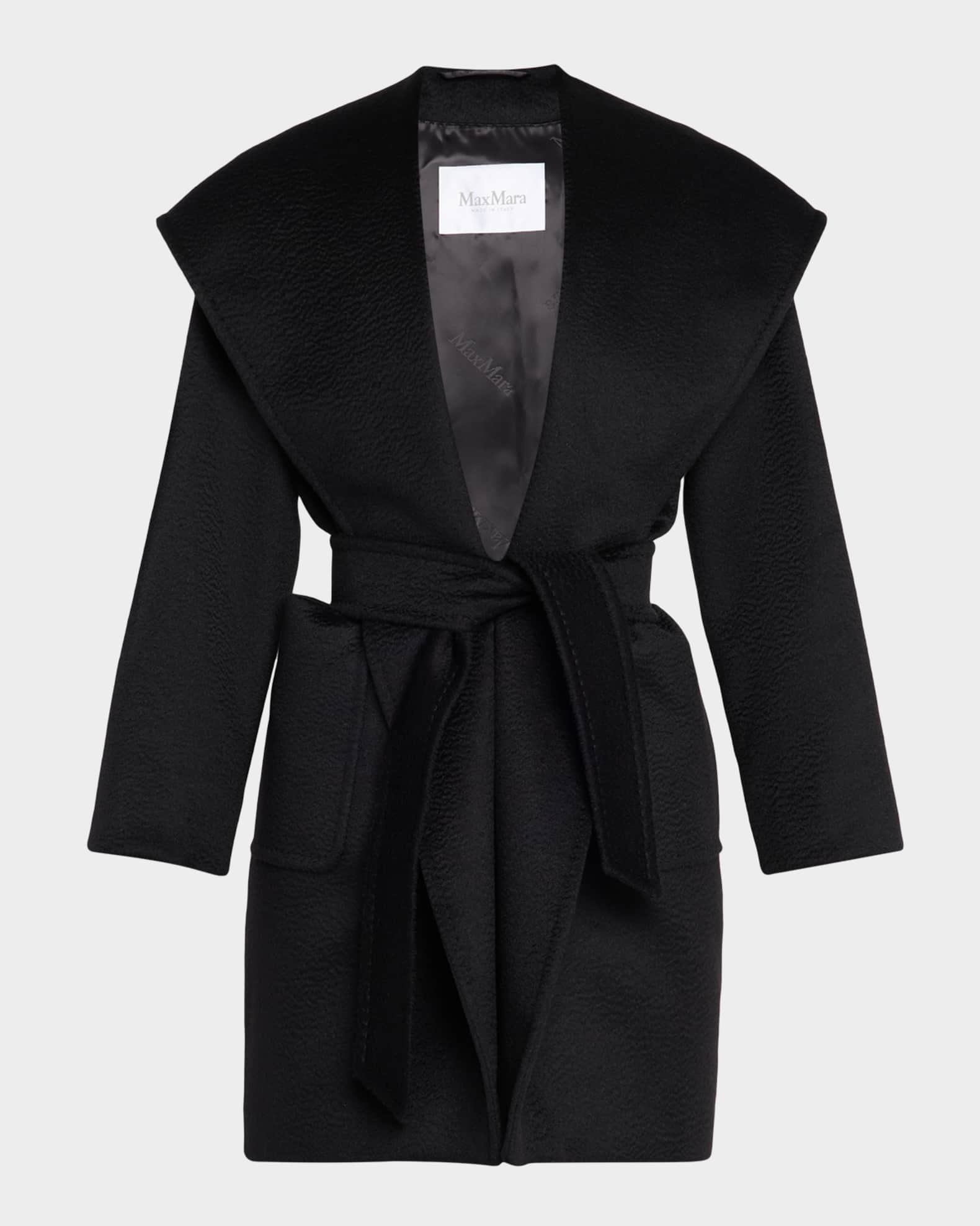 Max Mara Rialto Camel Hair Belted Short Hooded Coat | Neiman Marcus