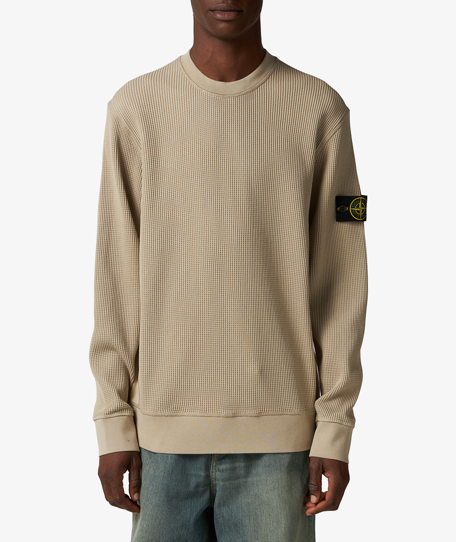 Stone Island Organic Cotton Waffle Fleece Crewneck in Beige | SVD USA