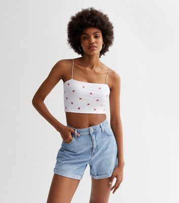 White Cherry Embroidered Strappy Crop Top | New Look