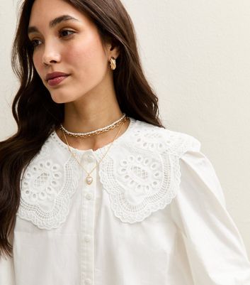 White Embroidered Scallop Collar Long Sleeve Shirt | New Look