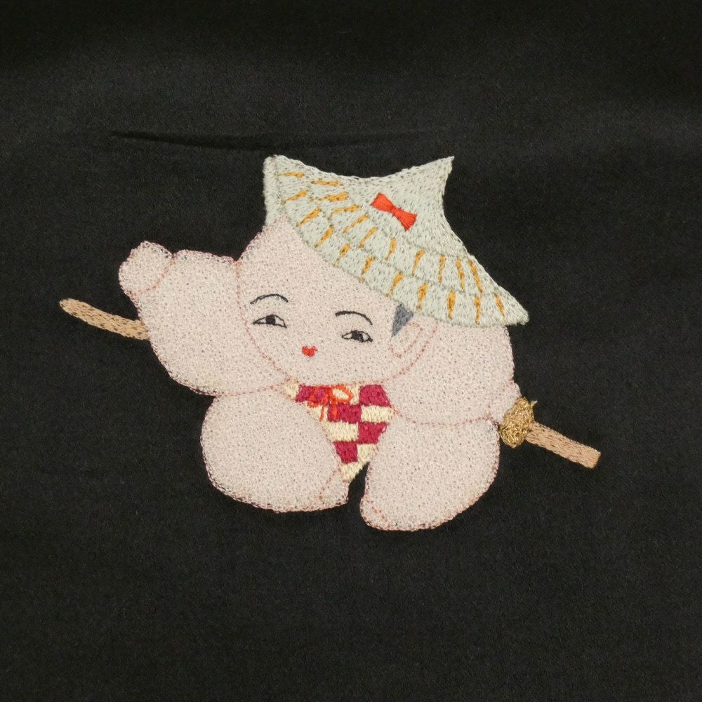 中古）九寸名古屋帯 黒 緞子 刺繍 御所人形 子供 童 「名月」 「花影