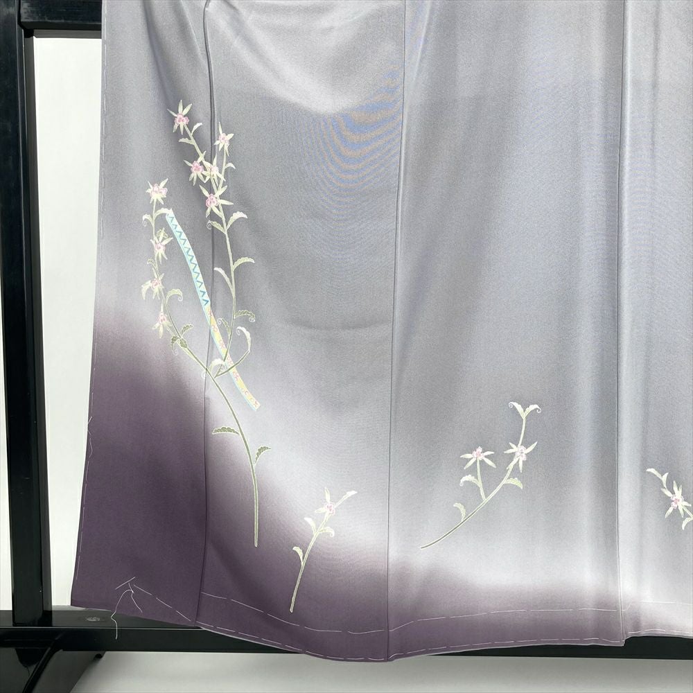 中古）特撰加賀友禅 訪問着 白菫色 グレー フォーマル 染め 手描き