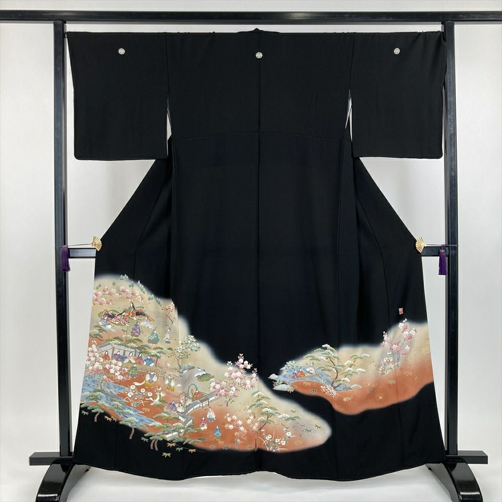 中古） 黒留袖 黒色 フォーマル ちりめん 染め金彩 刺繍 熨斗 袷 絹