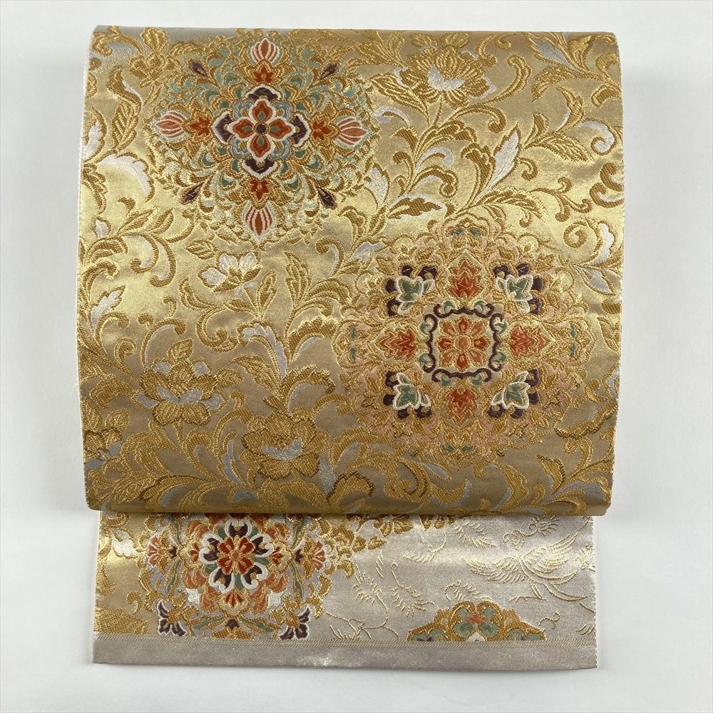 中古）袋帯 金 銀 フォーマル 六通 金糸 引き箔 天平文様 絹