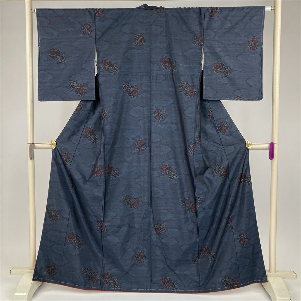 中古） 大島紬 黒 藍 カジュアル 雲に花の丸文様 袷 絹 【身丈】159cm