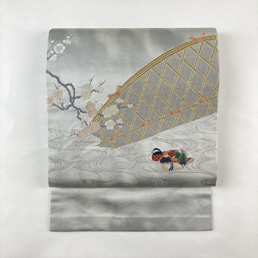 中古）名古屋帯 薄花桜色 水色 カジュアル 名古屋仕立て 引き箔 抽象柄 絹