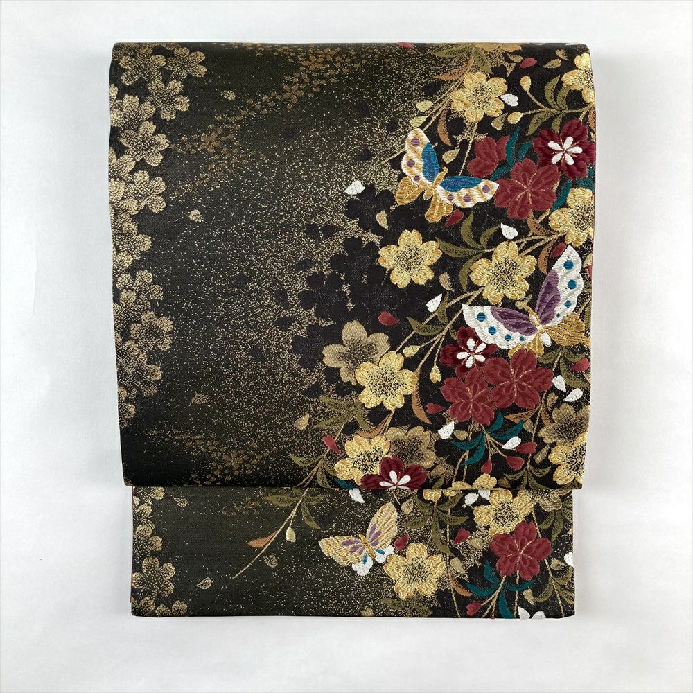 中古）袋帯 黒 セミフォーマル フォーマル 六通 金糸 色糸 枝垂れ桜 蝶 絹