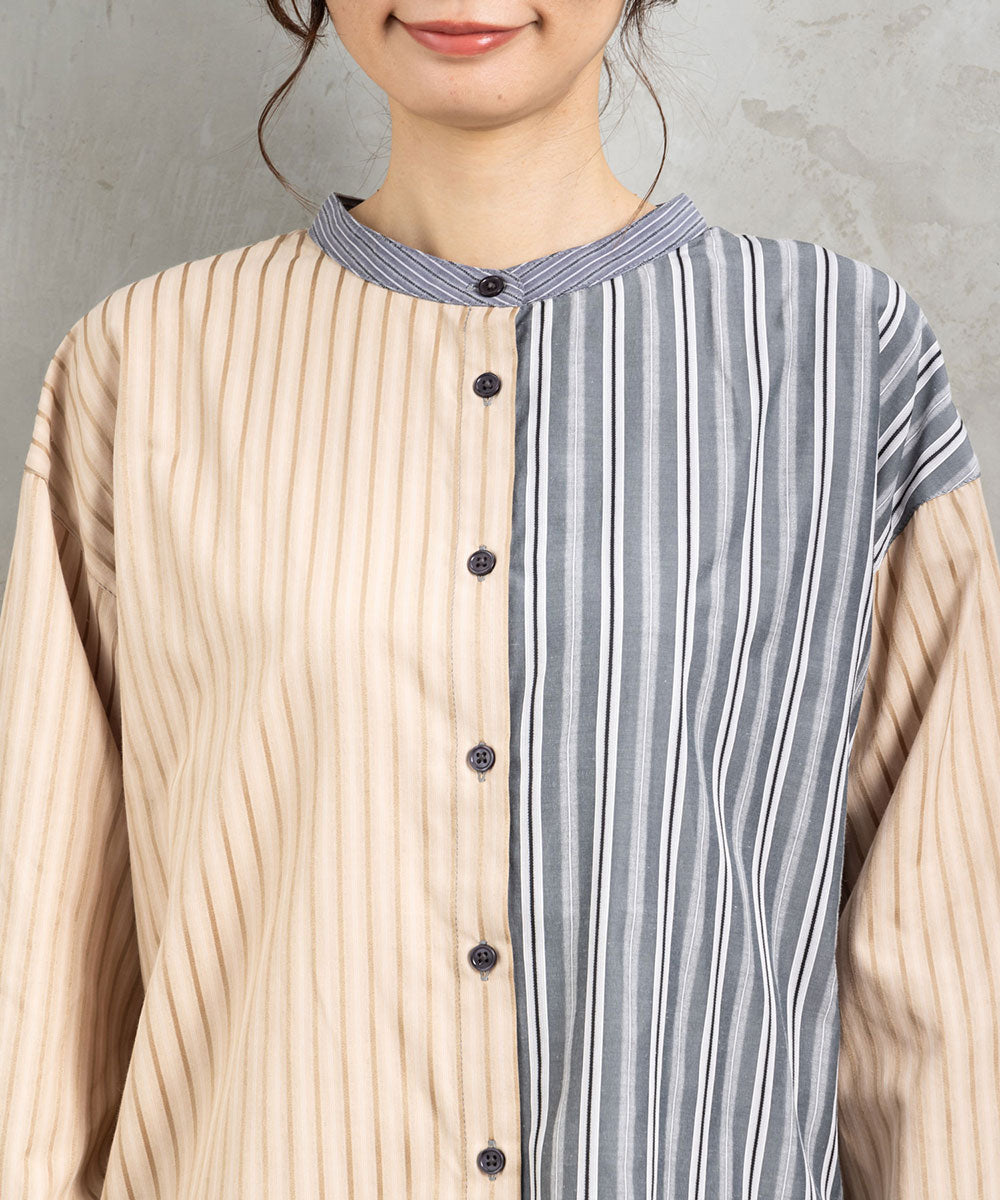 大きいサイズ レディース シャツ ストライプシャツ バンドカラー