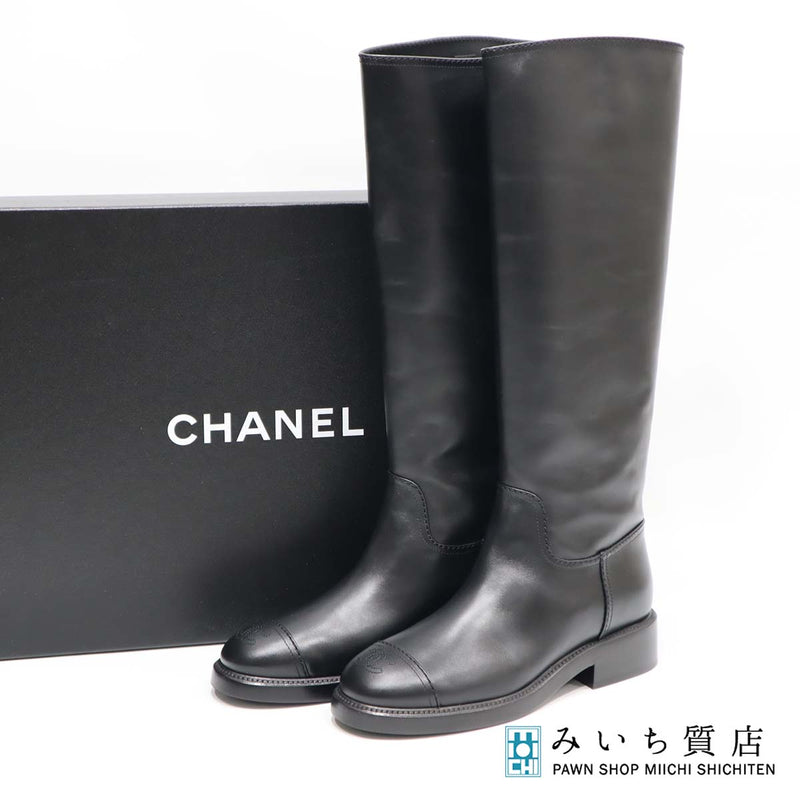 シャネル CHANEL ロングブーツ レザー ココマーク 黒 ブラック 40C