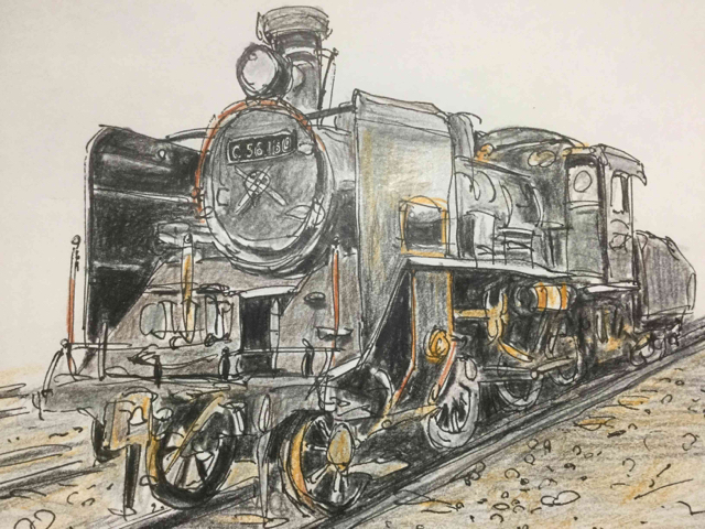 SLスケッチ・C56 160 蒸気機関車: 円空仏などの彫刻や石仏五百羅漢の色