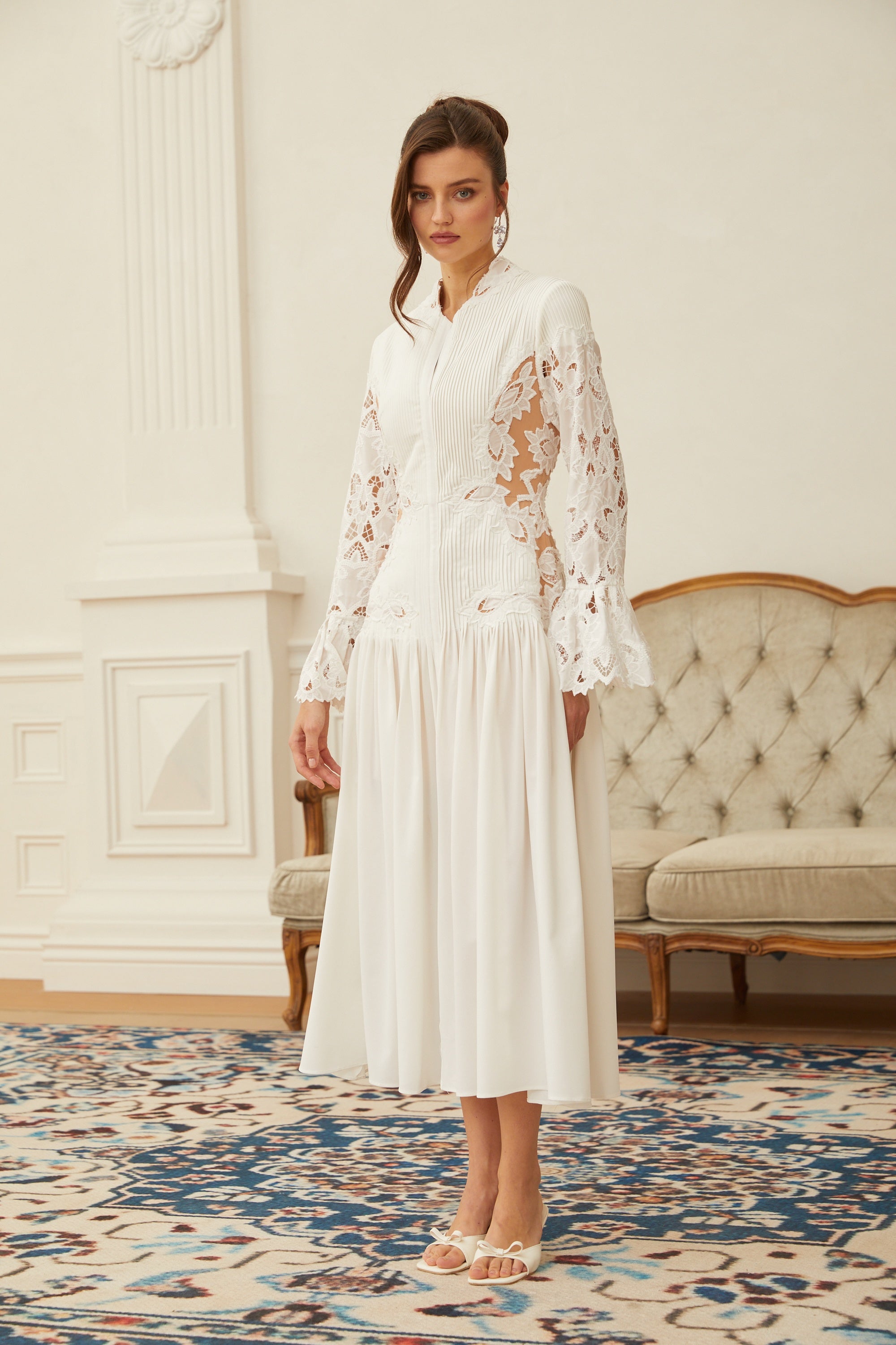 Chiara White Lace Panel Pleated Midi Dress