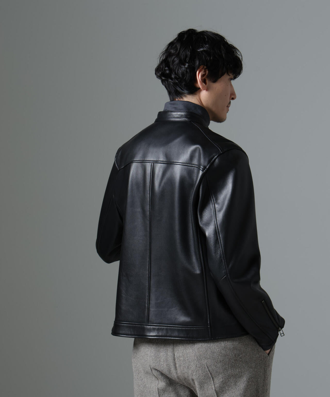 バンドカラーレザーシングルライダースジャケット | NANO universe