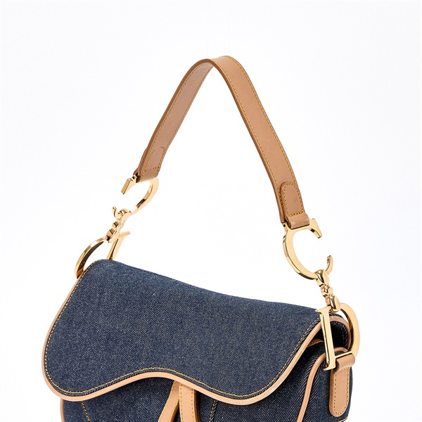 Christian Dior サドル ショルダーバッグ ブルー ベージュ ゴールド