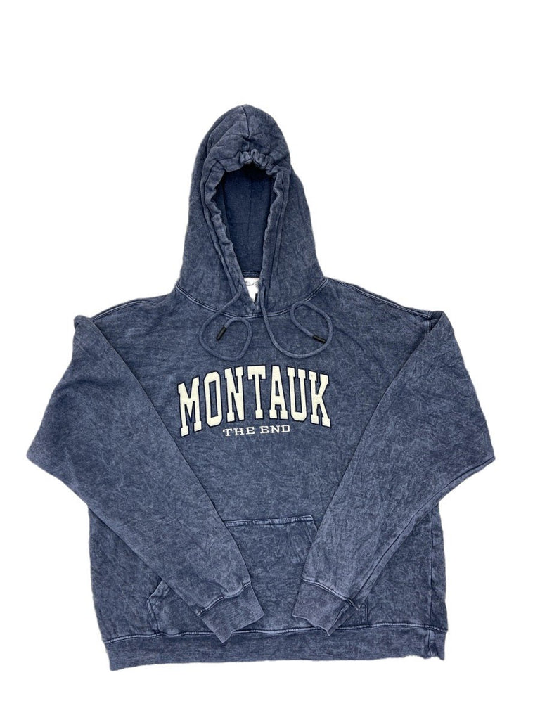Adult Unisex Hooded Pullover with Embroidered Montauk The End in Denim