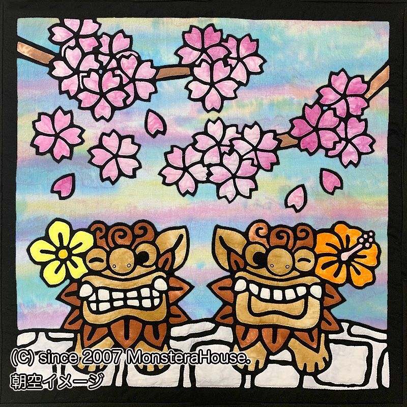 シーサーと桜のステンドグラスキルトタペストリー70cm - MonsteraHouse