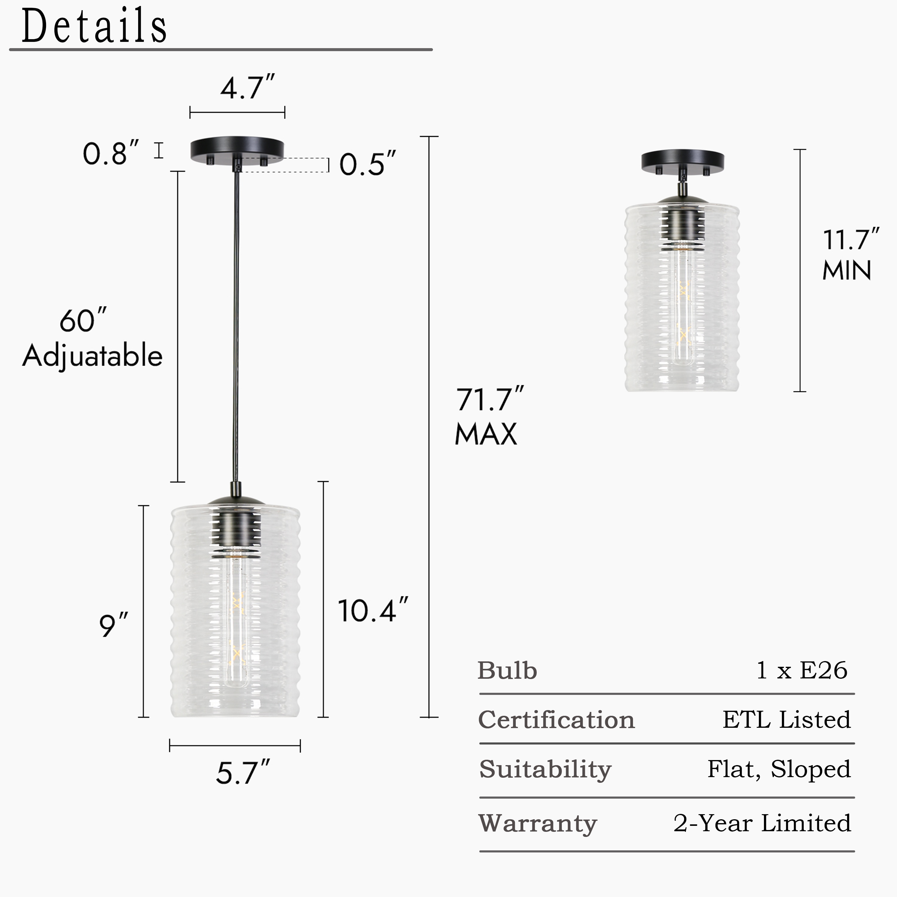 ZEVNI Clairlux Matte Black Modern Industrial Ribbed Glass Cylinder
