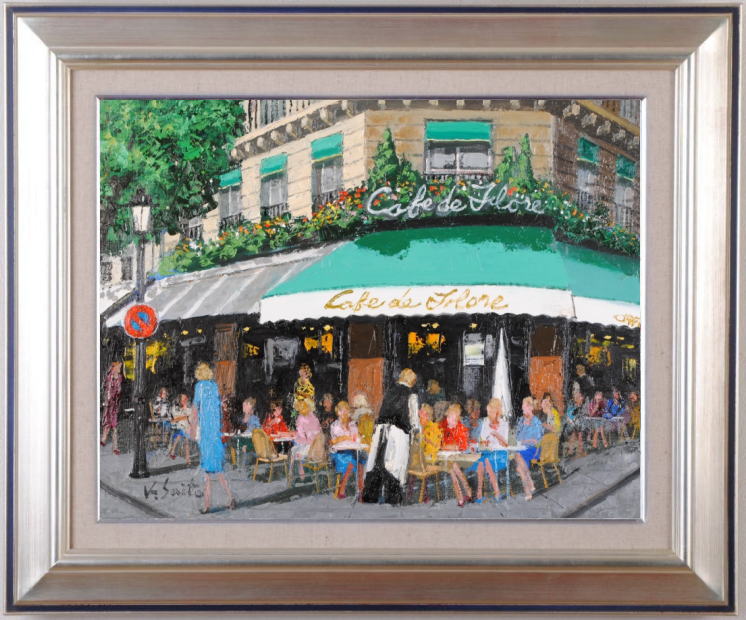 油絵の絵画でパリの街角を描いた斉藤要の油絵「カフェ・フローラ」を購入
