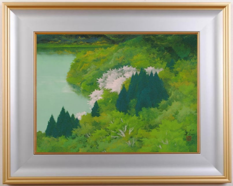 日本画の絵画で佐倉功起が描いた和の絵の風景画「湖畔の桜」をご購入