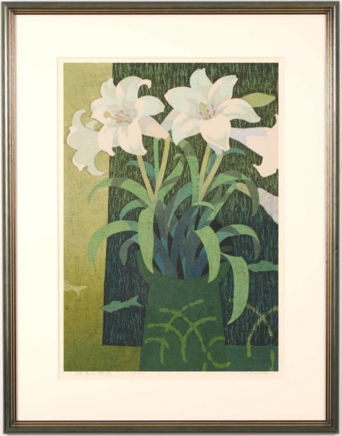 花の絵画を木版画で制作した本荘正彦の花の絵「週末の部屋」を通販で販売