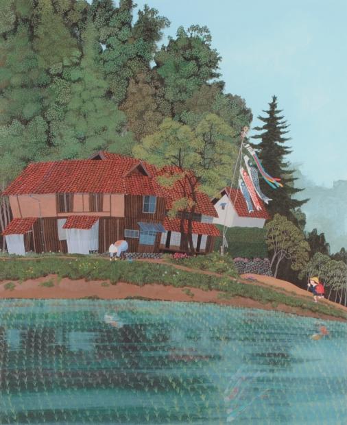 原田泰治がジークレーの版画で制作したインテリアの絵画「ただいま」を