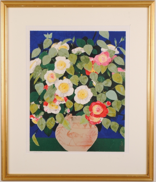 花の絵画をリトグラフの版画で制作した堅山南風の和の花の絵「肥後椿