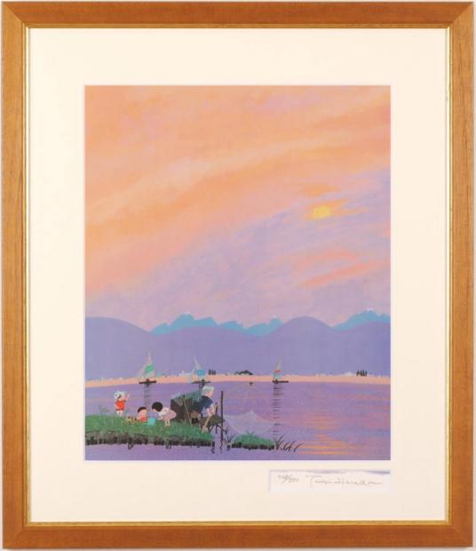 原田泰治がオフセットの版画で制作した長野県の絵「諏訪湖の夕暮れ」を