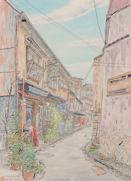 絵画の水彩画で内藤謙一が描いた福岡県北九州市の絵「門司港・栄町通り