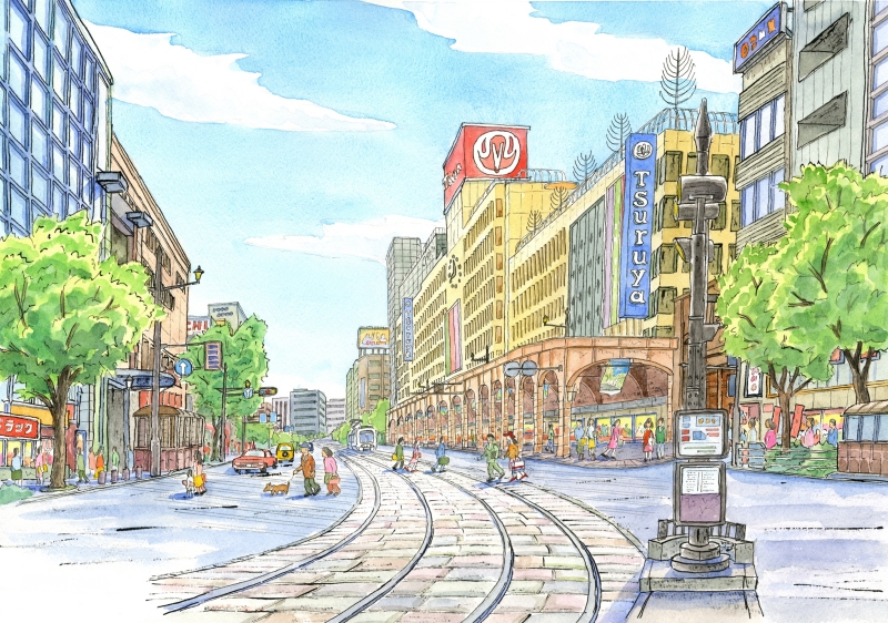 絵画の水彩画で内藤謙一が描いた熊本の絵「熊本市街・通町筋」をご購入