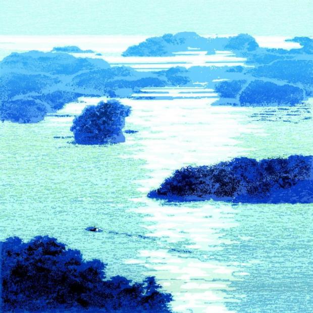 海の絵画をシルクスクリーンの版画で制作した池上壮豊の海の絵「光る海