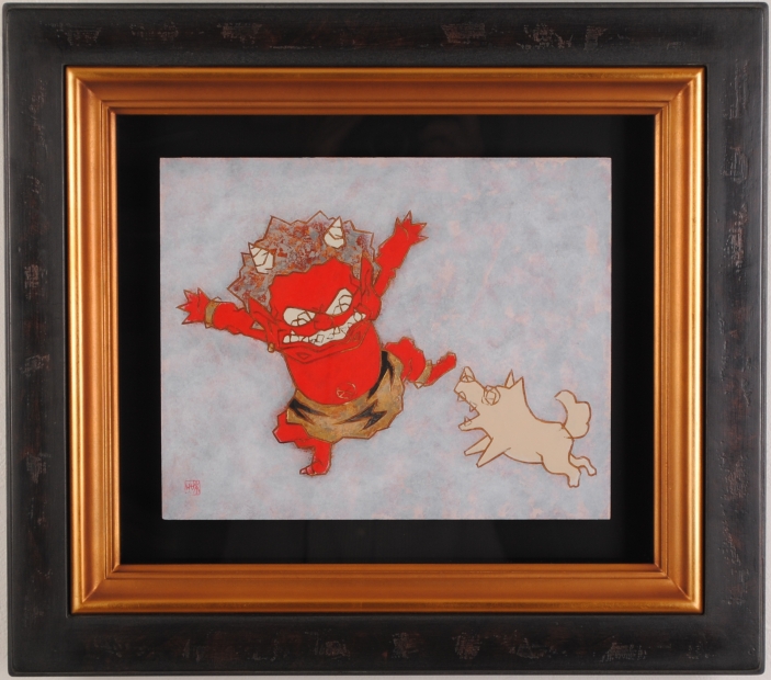 瀧下和之がアクリル画の絵画で描いた桃太郎シリーズの絵「イヌと赤鬼