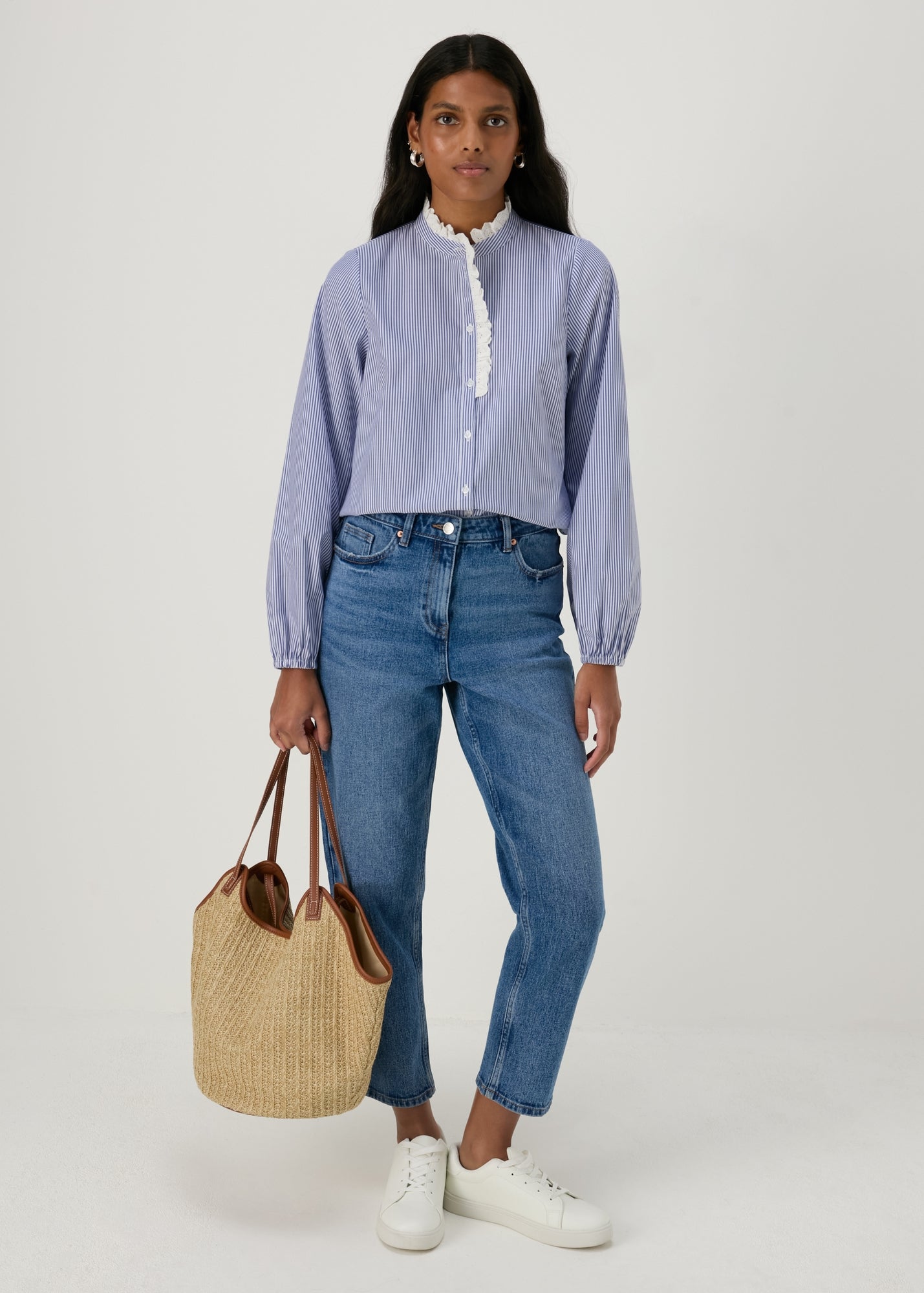 Blue Stripe Frill Neck Shirt - Matalan