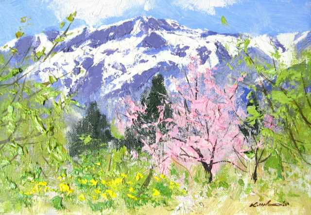 信州・山の油絵・足立一夫「春の谷川岳」油彩SM・【送料無料】絵画