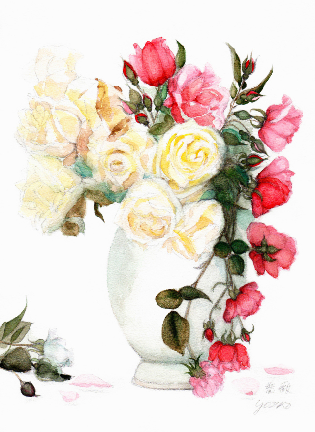 志村好子「薔薇（赤・クリーム）」水彩画（絵寸250×330・額寸377×454mm）