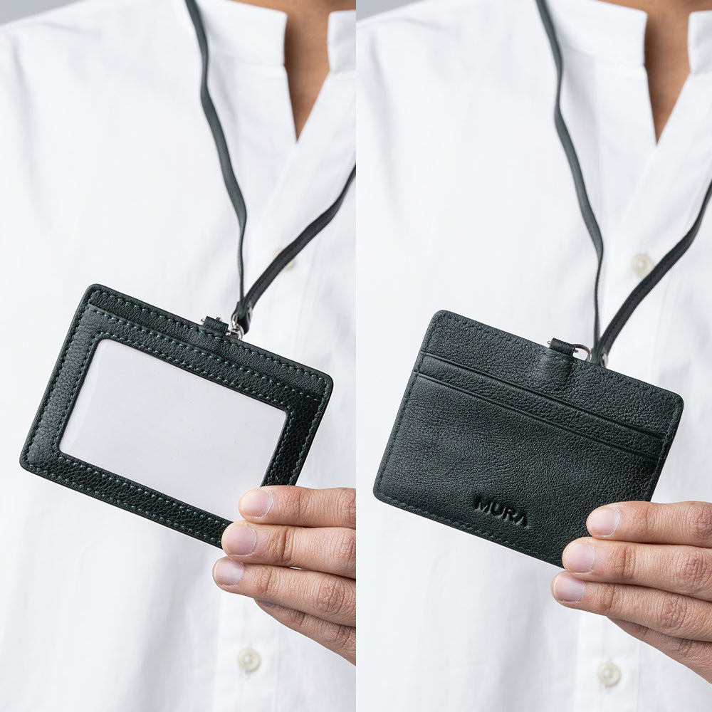 牛本革 ネックストラップ付 伸縮リール IDカードケース – MURA-ムラ