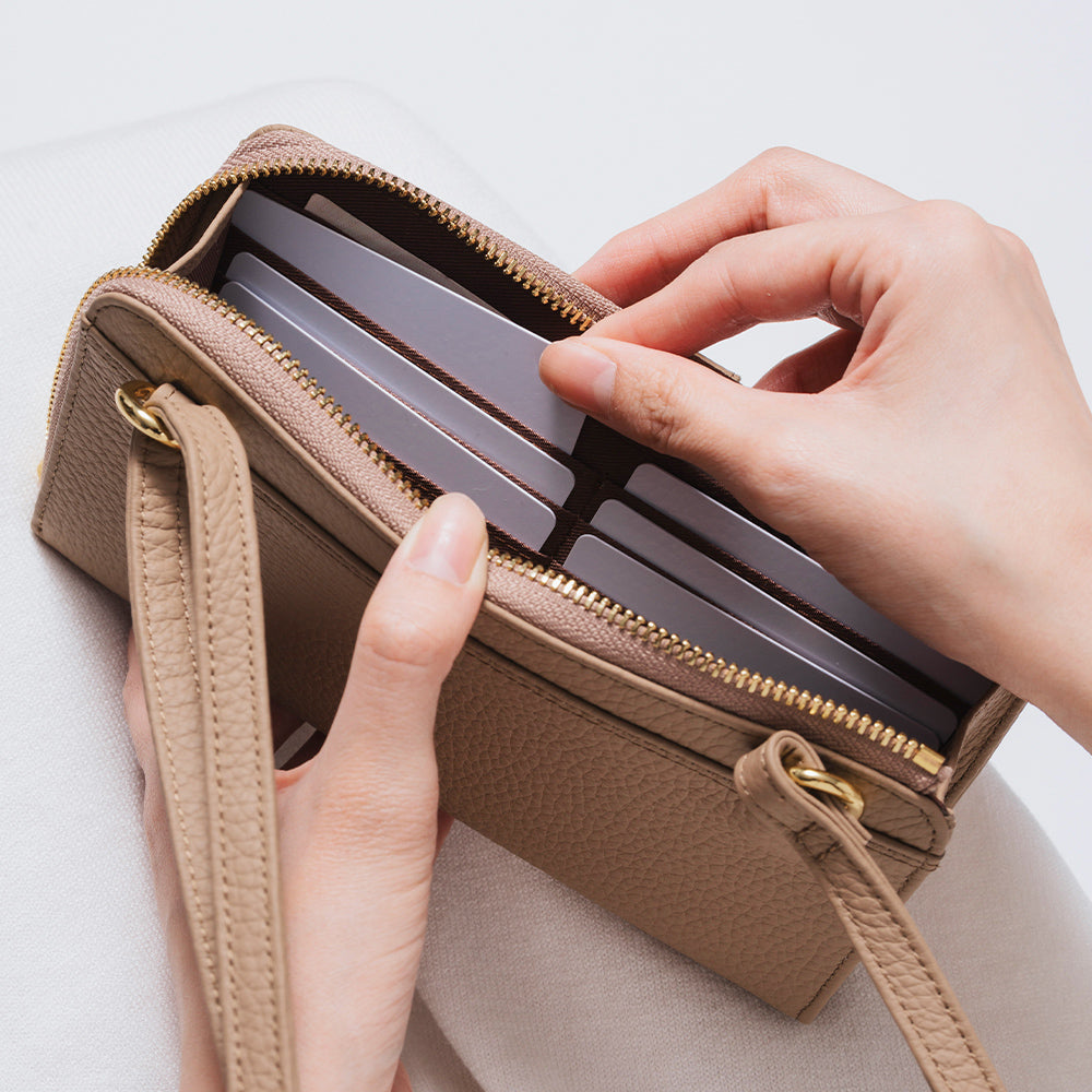 フルグレイン シュリンクレザー L字ファスナー財布付き 横型スマホ